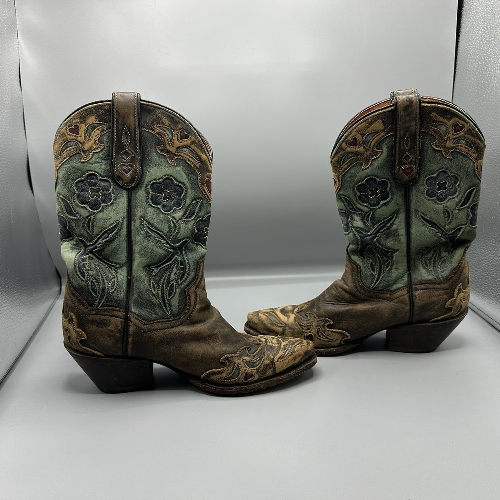 Dan Post Boots Blue Bird Floral TooledInlay Snip Toe Cowboy Womens Brown Casual - Picture 5 of 8